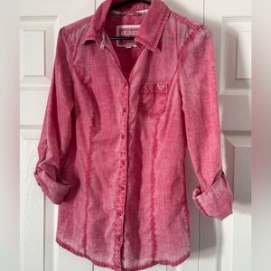 Guess women's pink long-sleeve button-down shirt size L.